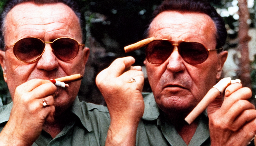 60s movie still close-up portrait of Josip Broz Tito chilling with Fidel Castro smoking cigarillo, cinestill 800t 120mm eastmancolor, cinematic, very detailed, skin texture, high quality