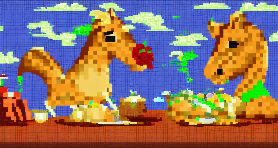 Stallion eating cake, pixel art, 16 bit