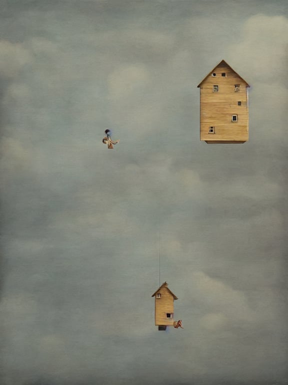 prompthunt: artist cinta vidal painting on wooden canvas of 3 d house  floating in the air, high detail colored pencil illustration,