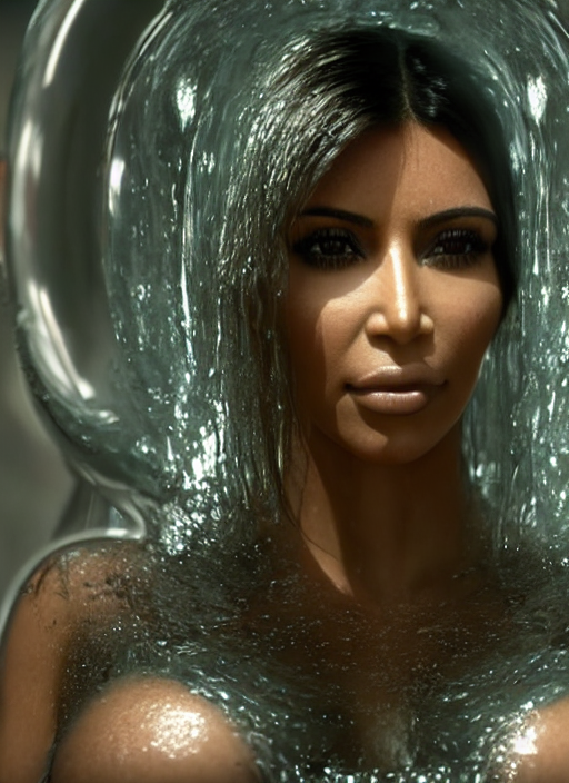 prompthunt: film still of kim kardashian inside a glass tube unconscious  wearing a bikini slathered in a transparent alien liquid, wet flowing hair,  gooey skin, illustration, unreal engine 5, 8 k, directed