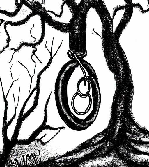 prompthunt: a detailed illustration of a sad rubber tire hanging from a tree  by a noose, somber introspective satire