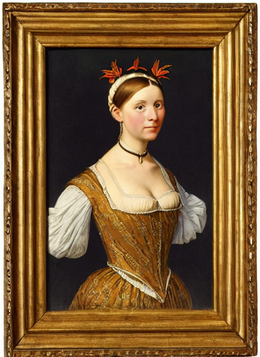 portrait of young woman in renaissance dress and renaissance headdress, art by adolf ziegler