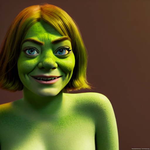 Emma Stone as a female version of Shrek, she has shrek nose, ears features, with green skin, fully detailed, high quality , 4k , octane render , soft lightening , masterpiece