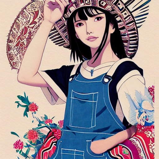 prompthunt: a beautiful young japanese natalie portman alluring gravure  model, stylized concept art, wearing elegant designer overalls, elegant  overalls with mesoamerican patterns, mesoamerican native street fashion,  princess mononoke, painted by jamie ...