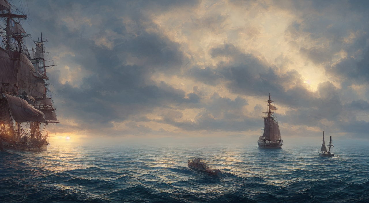 prompthunt: hyper realistic detailed matte painting of one fregata ship  sailing towards the rising sun, beautiful calm weather, calm foggy ocean,  sunset lighting, hyperdetailed unreal engine 8 k ultra hd, stanley artgerm