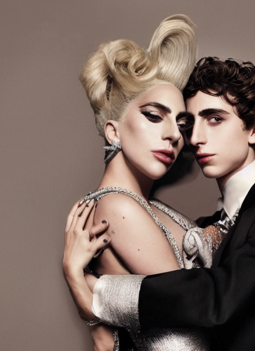 prompthunt: lady gaga and timothee chalamet meet, posing, old hollywood  themed, classy, glamour, full body shot, set pieces, intricate set, vogue  magazine, canon, highly realistic. high resolution. highly detailed.  dramatic. 8 k.