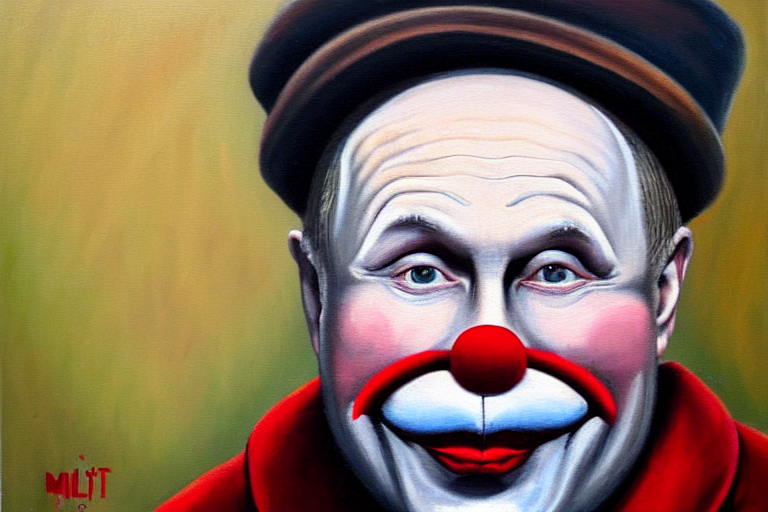 putin as a clean-shaven sad hobo clown. head shot portrait. oil painting by emmett kelly.