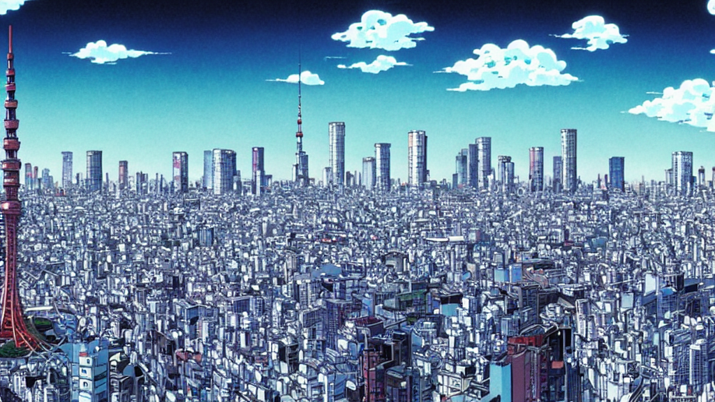 prompthunt: Tokyo skyline with a massive sky scrapper in the shape of a  rabbit, anime film still from the an anime directed by Katsuhiro Otomo with  art direction by Salvador Dalí, wide