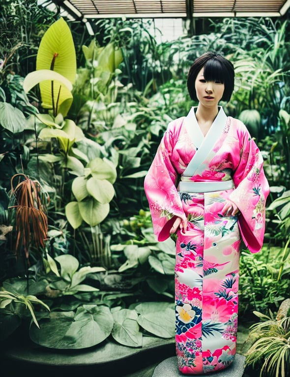 prompthunt: photograph of a beautiful Japanese woman wearing a pretty  kimono in a tropical greenhouse, by Annie Leibowiz, by Alessio Albi,  extremely detailed, large format camera, Fuji Pro 400h, bokeh, blurred  background,