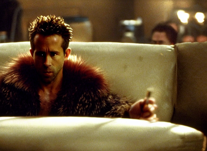 prompthunt: film still of Ryan Reynolds as Tyler Durden wearing big fur coat  in Fight Club 1999