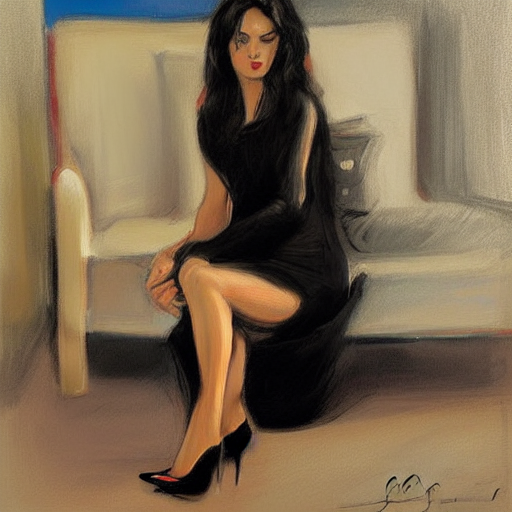 prompthunt: a dark haired woman wearing a black dress, on a bed. by fabian  perez