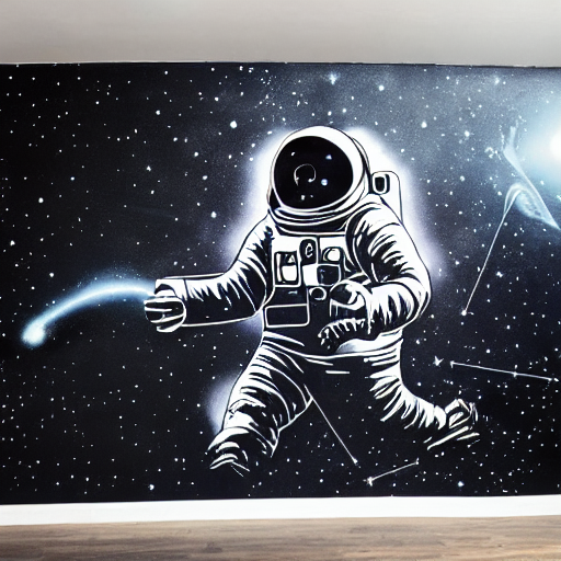 prompthunt: mural of an astronaut exploring deep space, laser beams, black  and white paint, stencil art, abstract, cyberpunk, painted on a giant wall