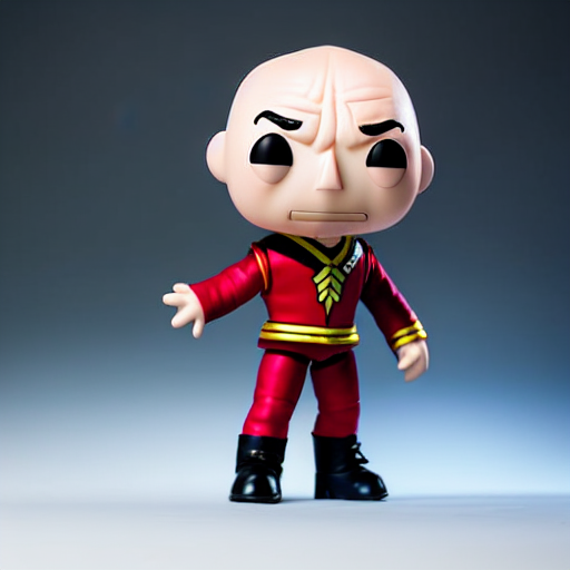 prompthunt: lightbox photograph of Funko Pop doll of Captain Picard , with  studio lighting, some background blur, full length shot, canon 85mm, f3.5