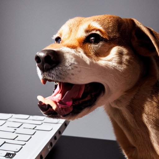 barking angry dog typing on keyboard photo dramatic lighting