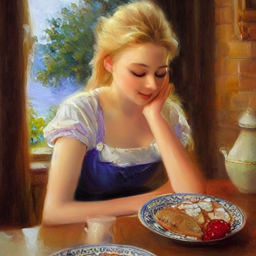 blonde teen blushing, romantic, making breakfast, morning light, traditional, masterpiece, highly detailed, soft, elegant, painting by Vladimir Volegov