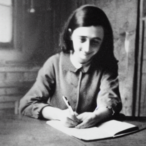 Photograph of Anne frank writing in her diary in the attic