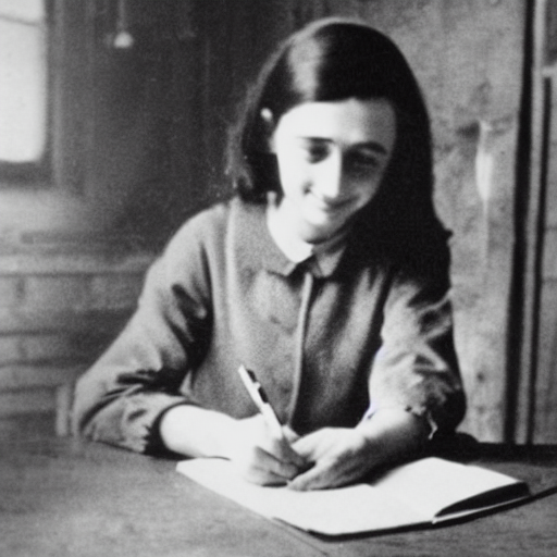 prompthunt Photograph of Anne frank writing in her diary in the attic