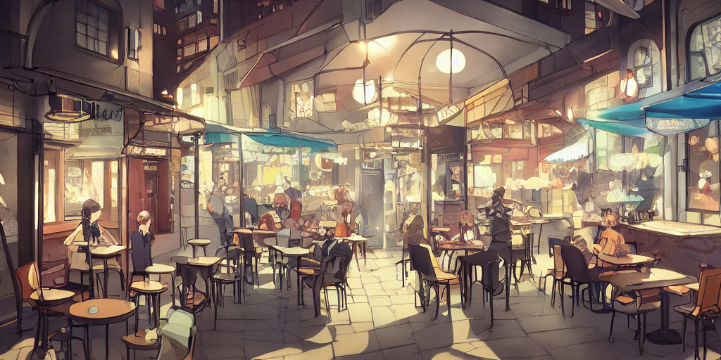  prompthunt un hermoso café urbano, estilo anime, ambiente acogedor y tranquilo, tendencia en artstation