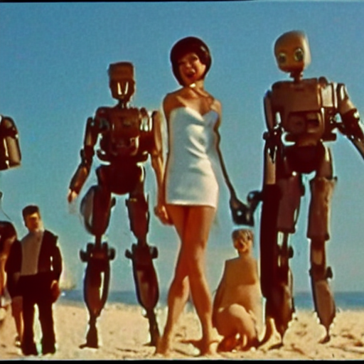prompthunt: 60s B movie about a killer robot from the future attacking  teenagers having a party at the beach.