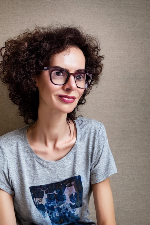 prompthunt: tall skinny 40 year old woman sitting, brown shoulder length  curly hair , flat chest, small rectangular glasses, square jaw, slender  face, wide mouth, violet coloured t-shirt