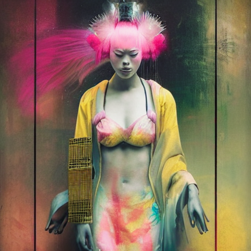 prompthunt: a futuristic female geisha warrior in komono by cy Twombly and  BASTIEN LECOUFFE DEHARME, pink and yellow, iridescent, volumetric lighting