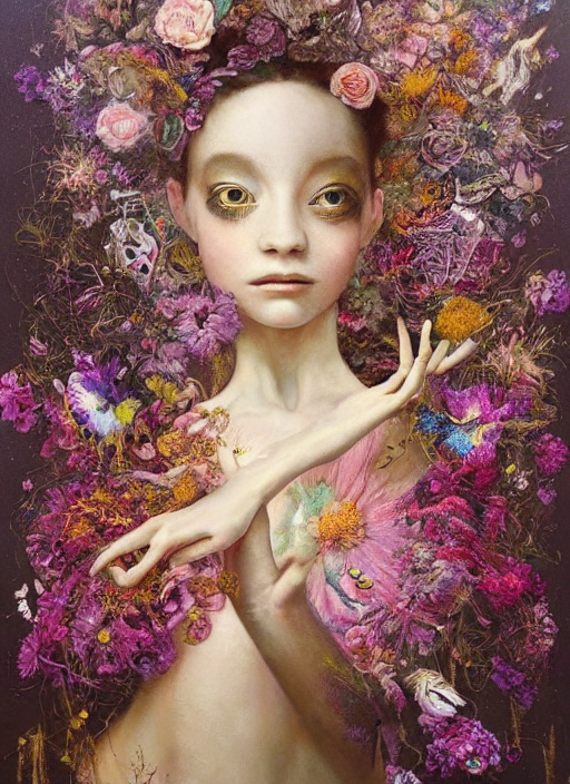 prompthunt: a painting of a ballerina surrounded by flowers, a surrealist  painting by yoann lossel, trending on cgsociety, pop surrealism, made of  flowers, cosmic horror, lovecraftian, directed gaze