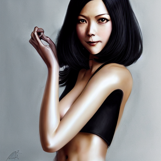 hyperrealistic full - body portrait of beautiful journalist alex wagner as a dark - haired nier automata, with black bob hairstyle and mischievous smile, by ross tran, mucha, moebius, manara, wlop, mucha, hd, dramatic lighting and intricate background, beautiful, glamorous, award winning