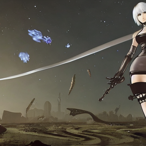 prompthunt 2B from Nier Automata fighting the aliens, highly detailed