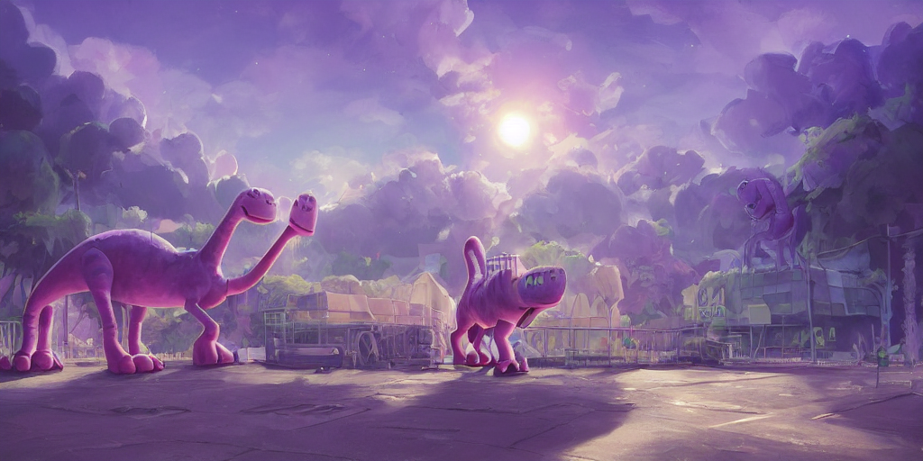 beautiful digital illustration of a giant purple ikea with barney the dinosaur in a shopping cart by andreas rocha, curvilinear architecture, fluffy pastel clouds, cinematic, architecture, concept art, deviantart, artsation, artstation hq, hd, 1 6 k resolution, smooth, sharp detail, amazing depth, octane, finalrender, unreal engine