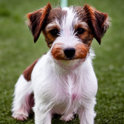 prompthunt: a high quality photograph of a scruffy wire haired jack russell  terrier puppy, white with chocolate brown spots, brown patches over both  eyes. friendly, curious expression.