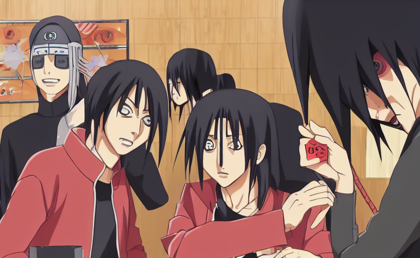 prompthunt Itachi and Kabuto playing tic tac toe at a cafe, Naruto