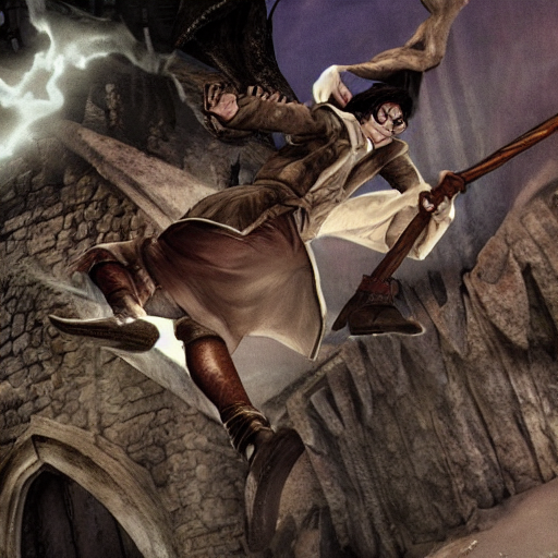 prompthunt Harry Potter riding a broom in Moria fighting Balrog