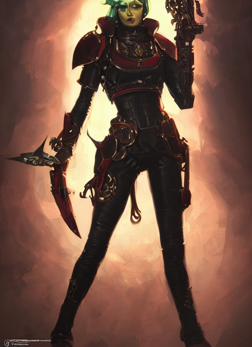 prompthunt beautiful female inquisitor, warhammer 40k, leather armor, bolt pistol in one hand