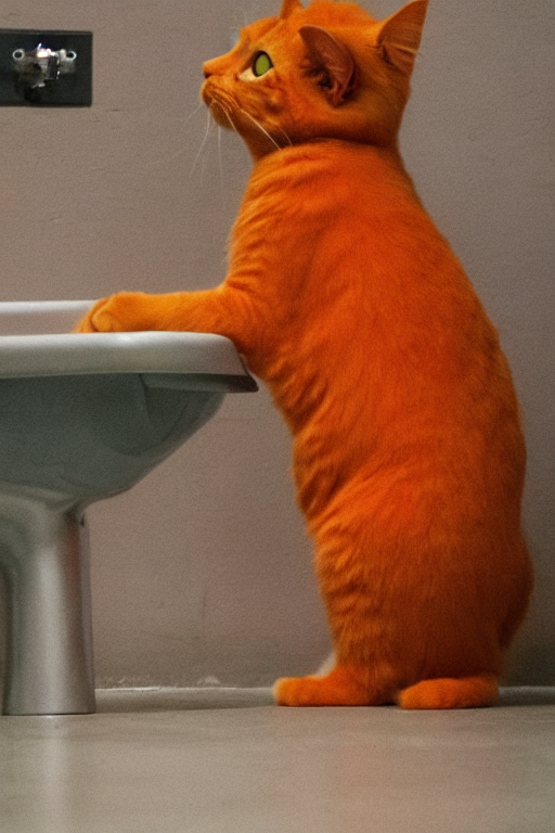 prompthunt An orange cat standing on its hind legs to pee in a urinal