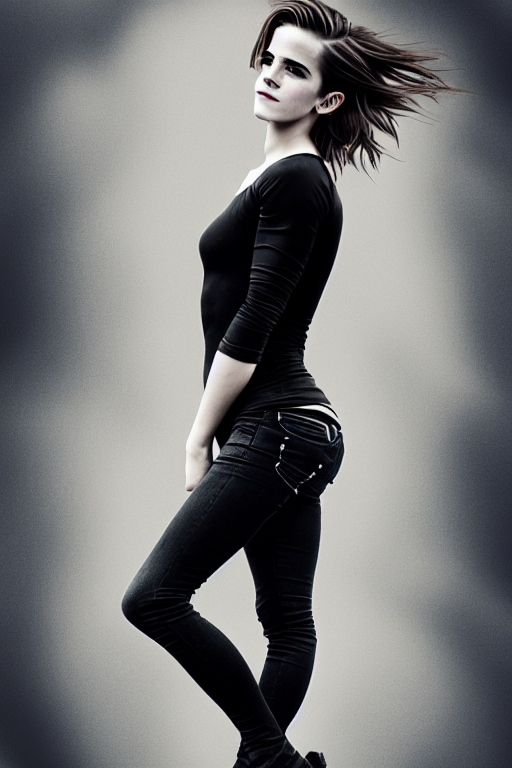 prompthunt: photography emma watson wearing black tight jeans and black  tight tshirt, curvy, attractive, beautiful detailed face, whole body  photography, deep focus, d & d, fantasy, complex, elegant, highly detailed,  digital painting,