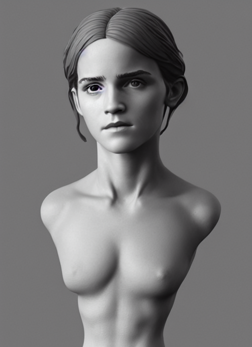 3D resin miniature sculpture of Emma Watson by Jean-Baptiste Carpeaux and Luo Li Rong, prefect symmetrical face, full body shot, academic art, realistic, 8K, Product Introduction Photo, Hyperrealism. Subsurface scattering, raytracing, Octane Render, Zbrush, simple background
