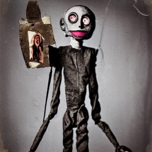 prompthunt: female alive, creepy marionette puppet, leaping towards viewer,  horrific, unnerving, clockwork horror, pediophobia, lost photograph, dark,  forgotten, final photo found before disaster, polaroid,