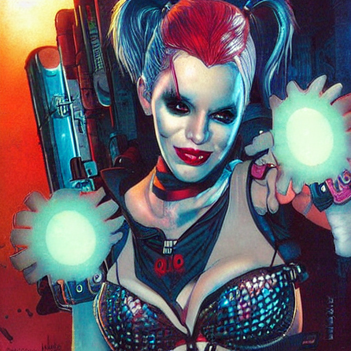 a dream portrait of cyberpunk Harley Quinn in post apocalyptic Gotham art by Paul Dini, Joe Chiodo