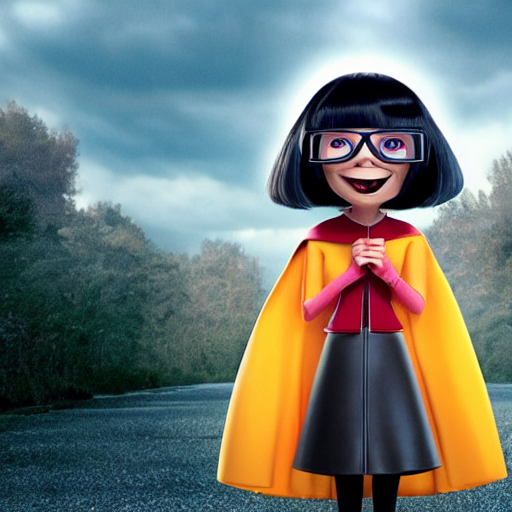 prompthunt: an edgy Edna Mode wearing a cape, Pixar (2018)