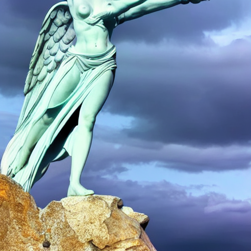 prompthunt: venus, nike, the winged victory of samothrace statue made of  cyan crystal on a rock in the clouds dramatic low light volumetric lighting  epic towering clouds central composition stylised close up