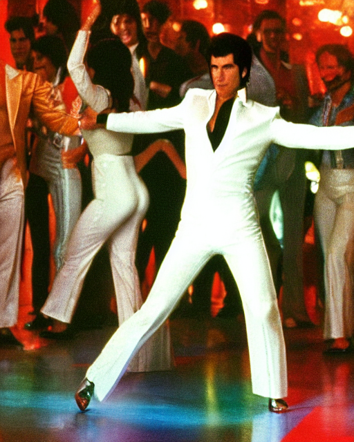 prompthunt: john travolta as white suited tony manero in saturday night  fever dancing at a disco with an multicolored illuminated floor, cinematic,  1 9 7 0 s style