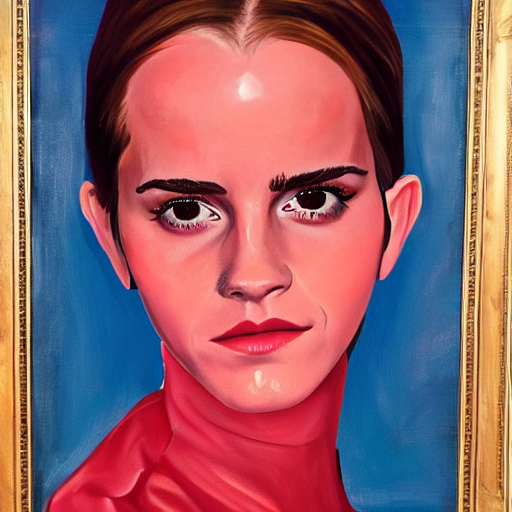 full length oil painting of emma watson in slick red latex suit, holding a gas mask. safe for work!