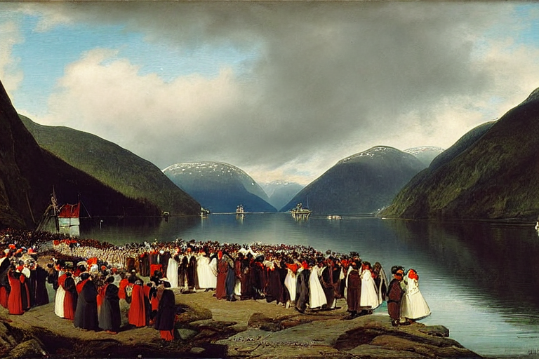 the bridal procession on the hardangerfjord by hans gude, adolph tidemand