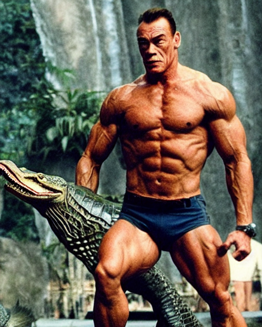 prompthunt: jean - claude van damme fighting against a giant alligator  monster, bipedal crocodile with sharp scales and muscular arms and legs.  inhuman monster verses human martial artist. - w 8 0 0