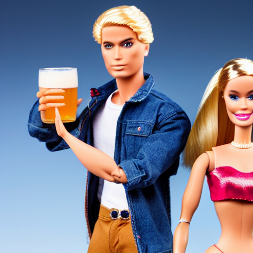 prompthunt: a Barbie doll with a bruised eye and bloody nose standing next  to a Ken doll holding a beer, hyper realistic, sharp focus