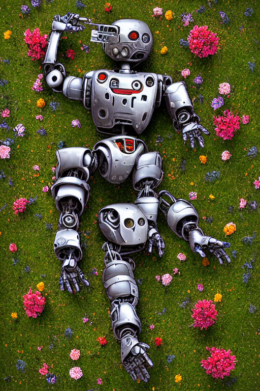 prompthunt: destroyed combat robot lying in a field of flowers, twisted metal, chrome, reflections, earth, terrible, anthropomorphic, cyborg, photorealism, weapons, smoke, metal, armor, camouflage, wires, wild flowers, greenery, red light bulbs,