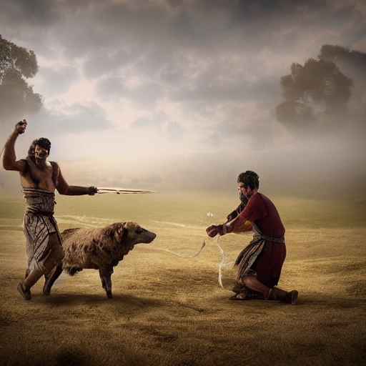 prompthunt: photographic portrait of angered Mediterranean skinned man in  ancient Canaanite farmer clothing fighting a Mediterranean skinned shepherd  in ancient Canaanite shepherd clothing, farm field background, sharp  detail, hyper realistic, foggy ...