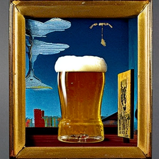 prompthunt: A pint of beer sitting on a bar as painted by Joseph Cornell