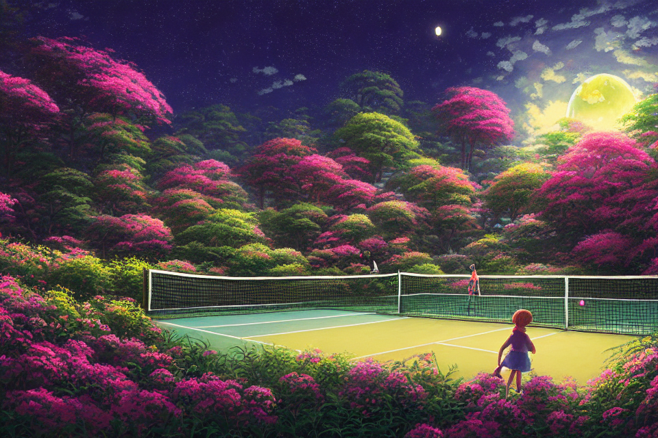 prompthunt: A painting of a tennis court surrounded by tennis ball monsters  moonlight with glowing fireflies and blooming flowers by makoto shinkai,  thomas kinkade, james gilleard, very detailed, tone mapping, super wide