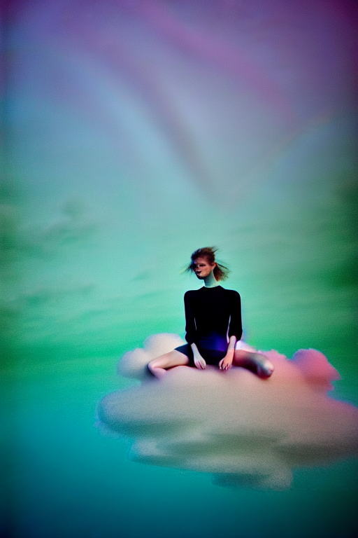 prompthunt: high quality pastel coloured film close up wide angle  photograph of a model wearing clothing swimming on cloud furniture in a  icelandic black rock!! environment in a partially haze filled dreamstate